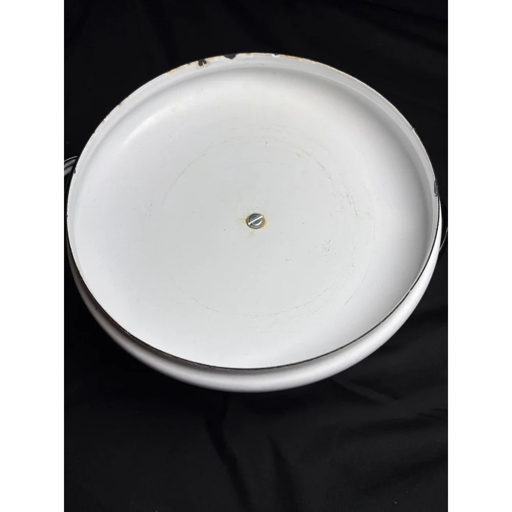 Vintage White Enamelware Stock Pot with Lid Black Trim Farmhouse Cookware